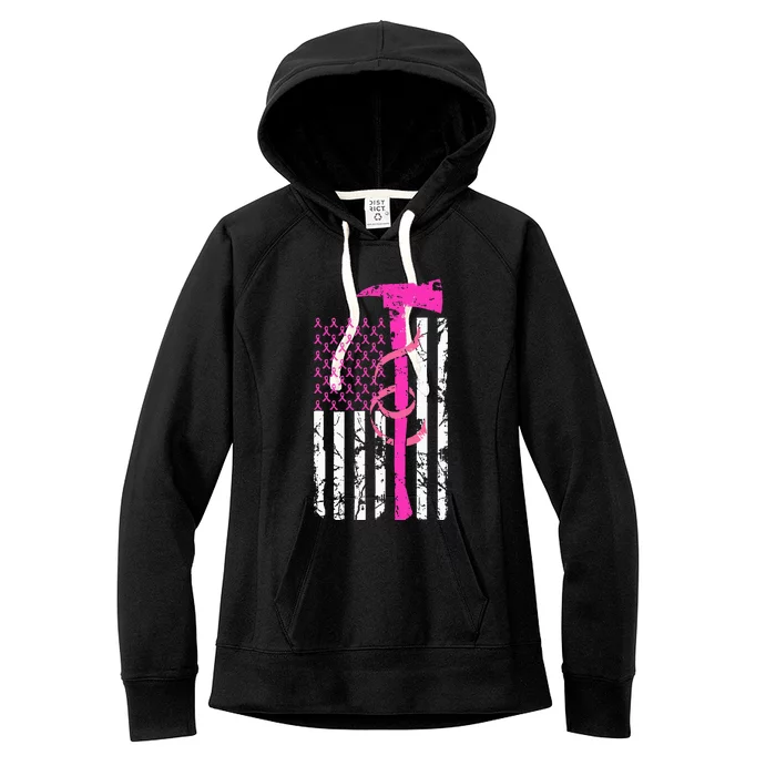 Firefighter Breast Cancer Awareness USA Flag Pink Ribbon Women's Fleece Hoodie