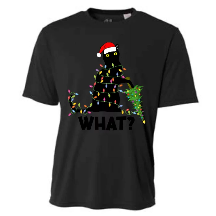 Funny Black Cat Pushing Christmas Tree Over Cat Christmas Gift Cooling Performance Crew T-Shirt