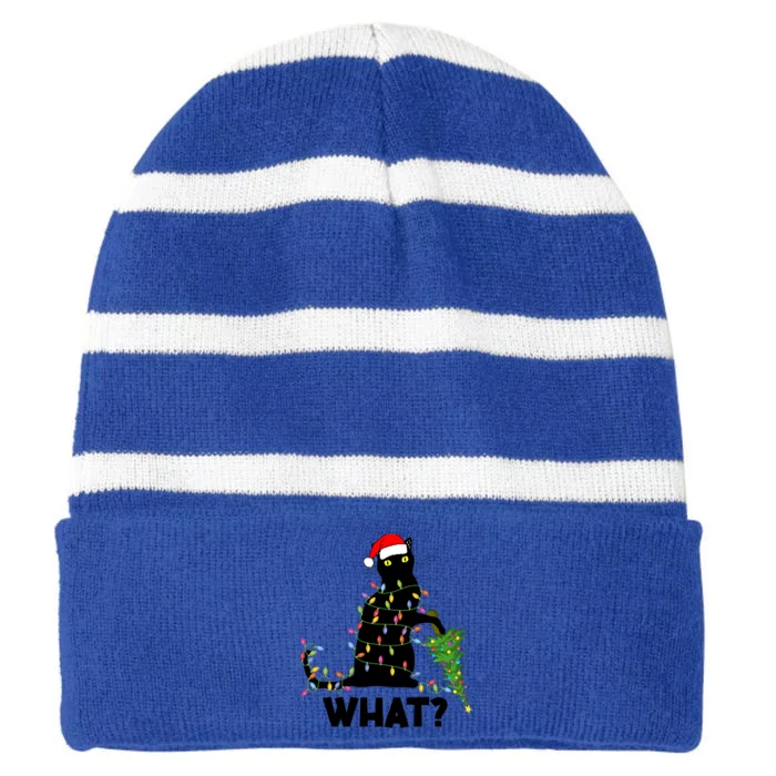 Funny Black Cat Pushing Christmas Tree Over Cat Christmas Gift Striped Beanie with Solid Band