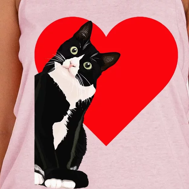 Funny Black Cat Valentine's Day Heart Tuxedo Cat Lover Women's Knotted Racerback Tank