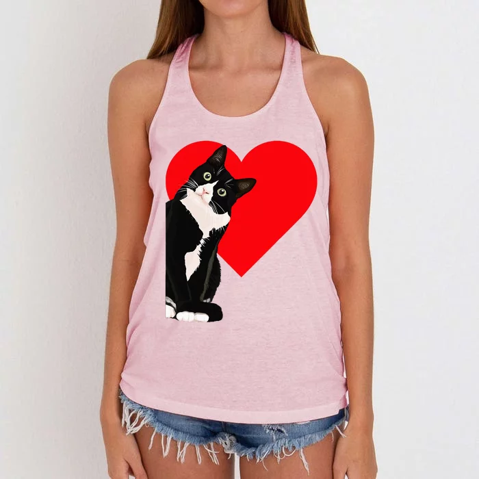 Funny Black Cat Valentine's Day Heart Tuxedo Cat Lover Women's Knotted Racerback Tank