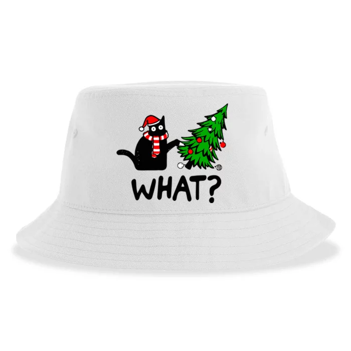 Funny Black Cat Gift Pushing Christmas Tree Over Cat What? Great Gift Sustainable Bucket Hat