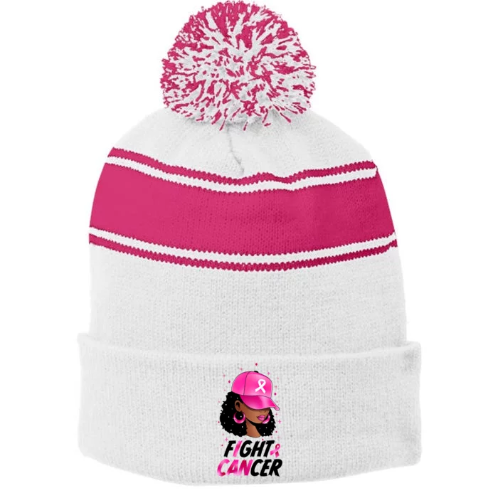 Fight Breast Cancer Stripe Pom Pom Beanie