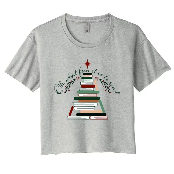 Funny Book Christmas Tree Oh What Fun Is It To Read Booknerd Gift Women's Crop Top Tee