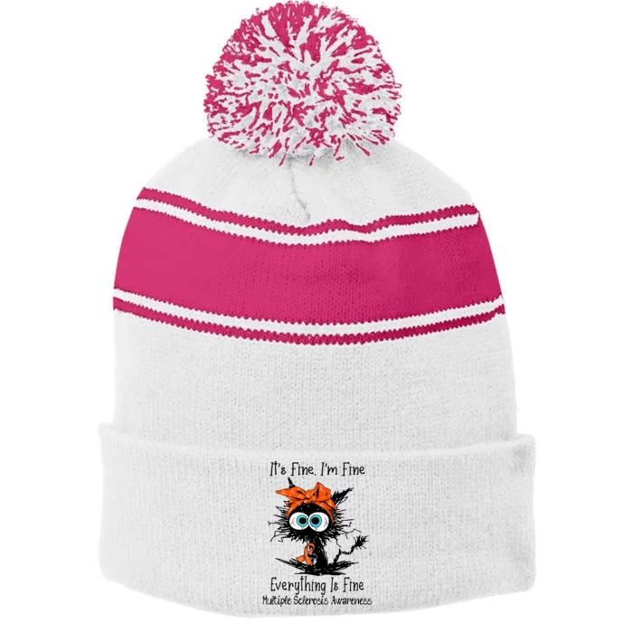 Funny Black Cat Its Fine Im Fine Multiple Sclerosis Stripe Pom Pom Beanie