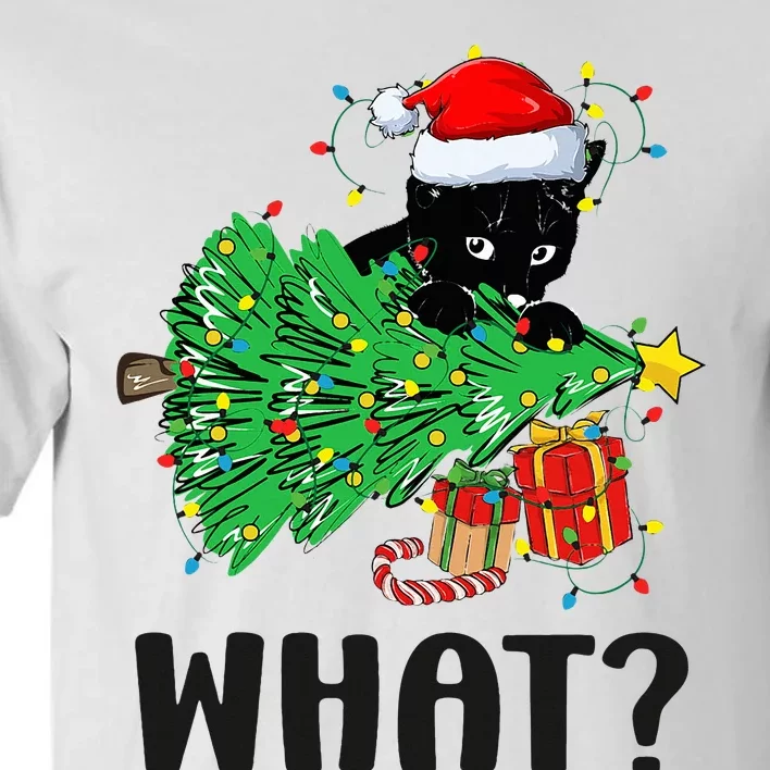 Funny Black Cat Gift Pushing Christmas Tree Over Cat What Tall T-Shirt