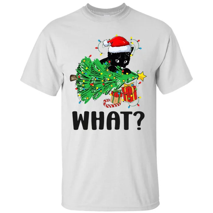 Funny Black Cat Gift Pushing Christmas Tree Over Cat What Tall T-Shirt