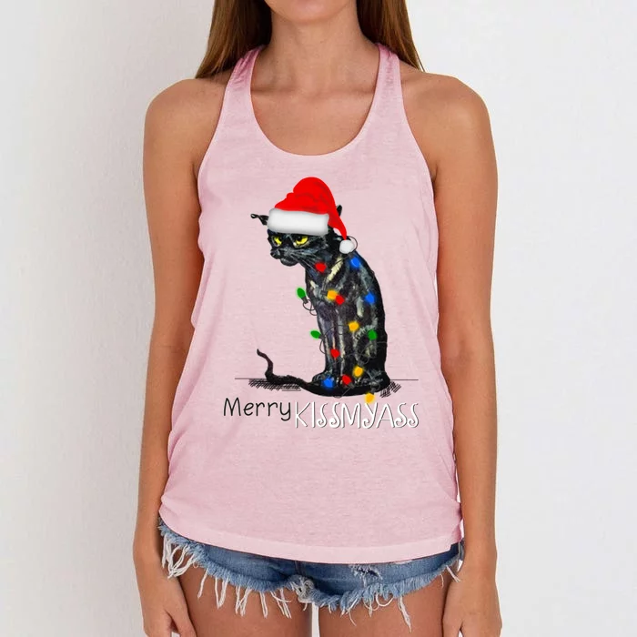 Funny Black Cat Merry Myass Xmas Pajamas Chritsmas Gift Women's Knotted Racerback Tank