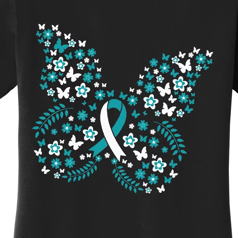 Flower Butterfly Cervical Cancer Awareness Ribbon Gifts Women's T-Shirt