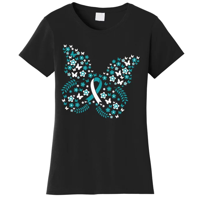 Flower Butterfly Cervical Cancer Awareness Ribbon Gifts Women's T-Shirt