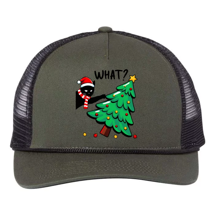 Funny Black Cat Pushing Christmas Tree Over Cat What Retro Rope Trucker Hat Cap