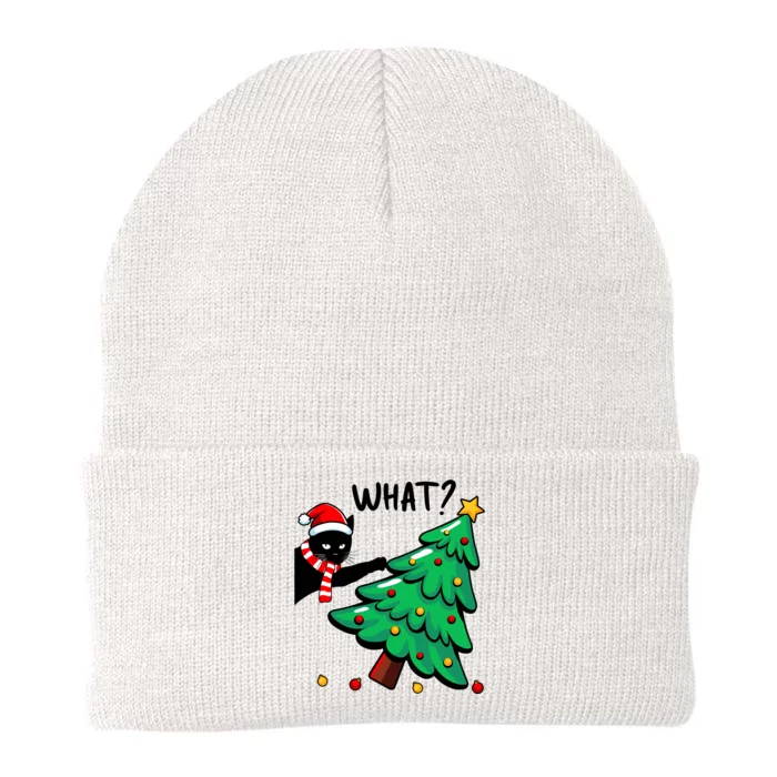 Funny Black Cat Pushing Christmas Tree Over Cat What Knit Cap Winter Beanie