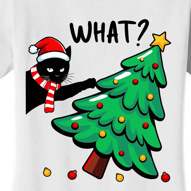 Funny Black Cat Pushing Christmas Tree Over Cat What Women's T-Shirt