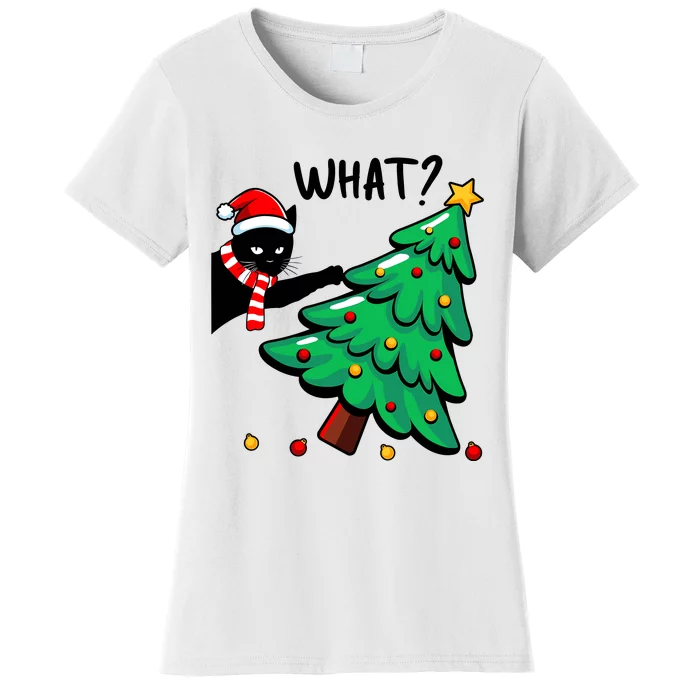 Funny Black Cat Pushing Christmas Tree Over Cat What Women's T-Shirt