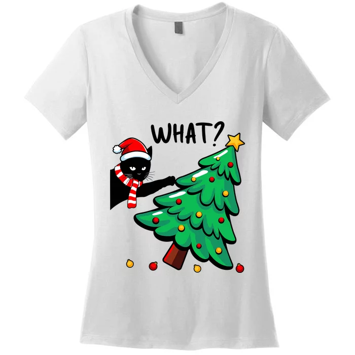 Funny Black Cat Pushing Christmas Tree Over Cat What Women's V-Neck T-Shirt