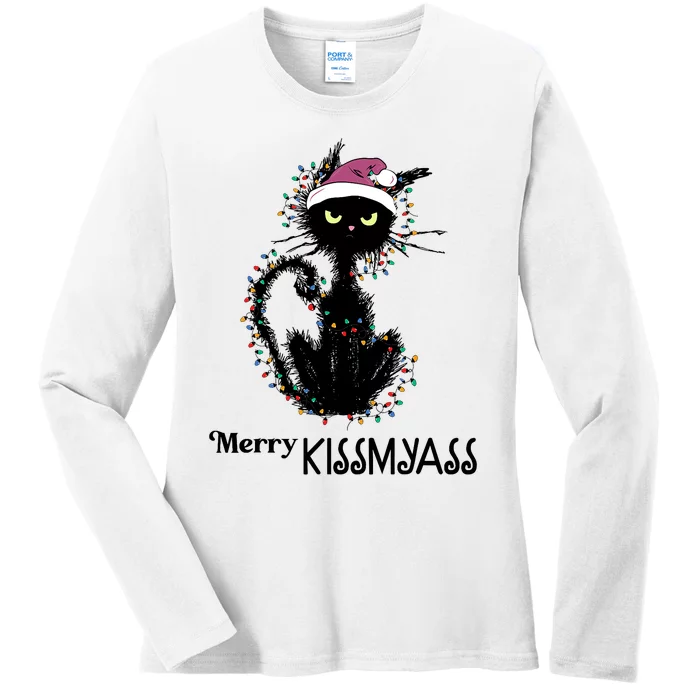 Funny Black Cat Merry Kissmyass Xmas Pajamas Chritsmas Ladies Long Sleeve Shirt