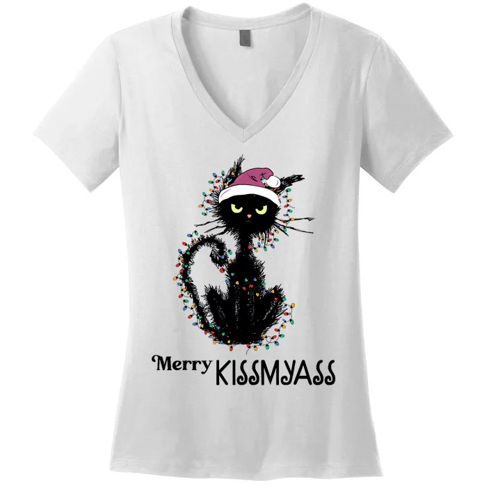 Funny Black Cat Merry Kissmyass Xmas Pajamas Chritsmas Women's V-Neck T-Shirt