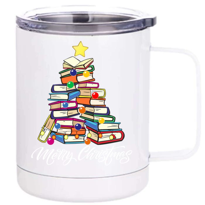 Funny Book Christmas Tree Teachers Bookworm Librarian Xmas Gift Front & Back 12oz Stainless Steel Tumbler Cup