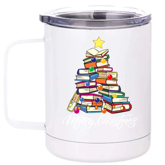 Funny Book Christmas Tree Teachers Bookworm Librarian Xmas Gift Front & Back 12oz Stainless Steel Tumbler Cup