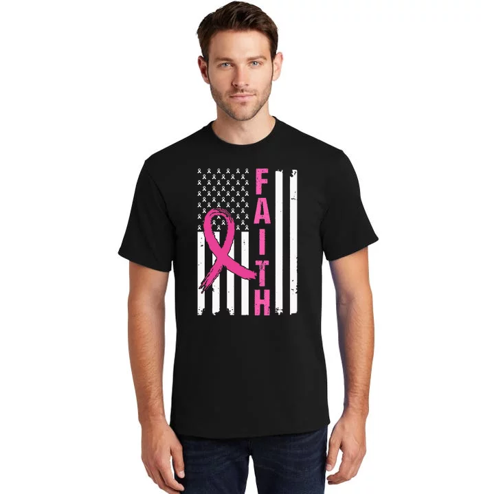 Faith Breast Cancer Awareness Pink Ribbons American Flag Tall T-Shirt