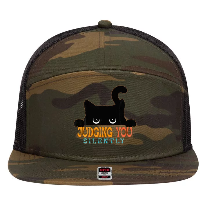 Funny Black Cat Judging You Silently Sarcastic Cat 7 Panel Mesh Trucker Snapback Hat