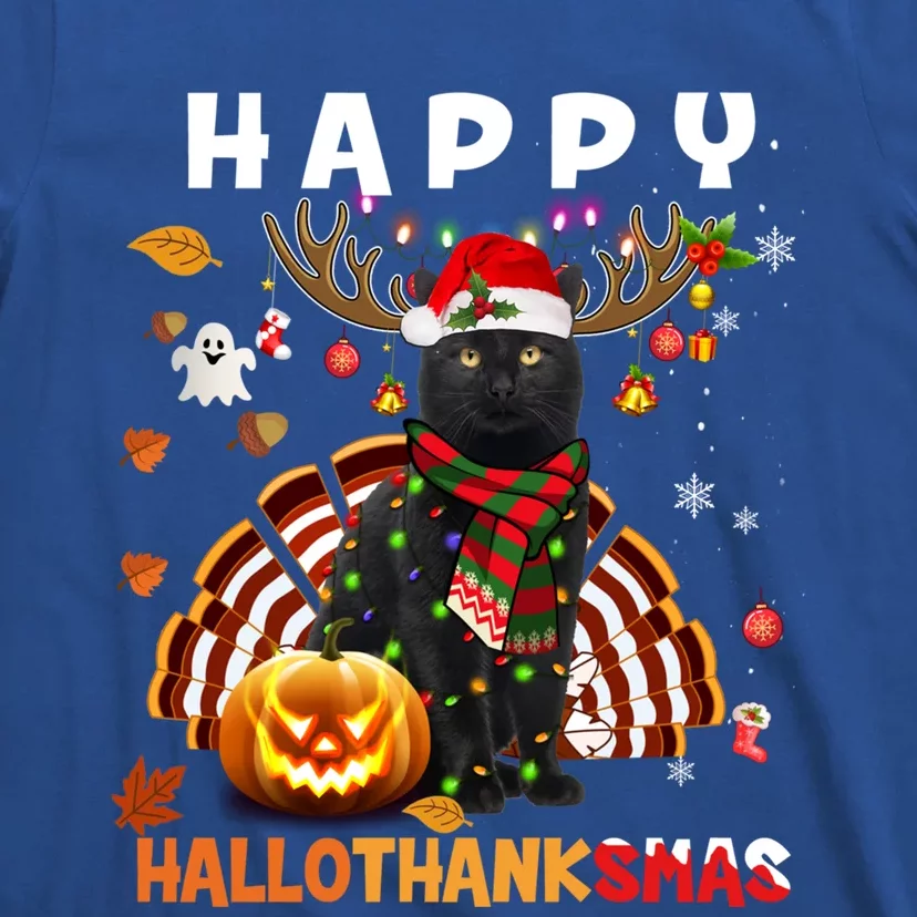 Funny Black Cat Halloween Christmas Cat Happy Hallothanksmas Gift T-Shirt