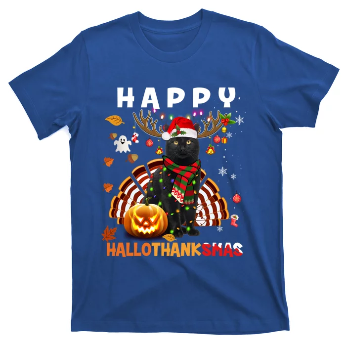 Funny Black Cat Halloween Christmas Cat Happy Hallothanksmas Gift T-Shirt