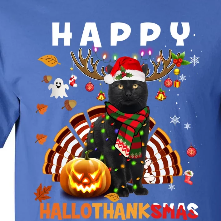 Funny Black Cat Halloween Christmas Cat Happy Hallothanksmas Gift Tall T-Shirt