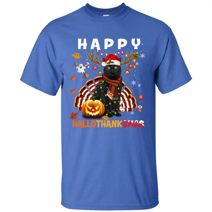 Funny Black Cat Halloween Christmas Cat Happy Hallothanksmas Gift Tall T-Shirt