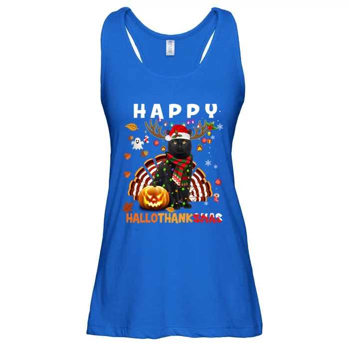 Funny Black Cat Halloween Christmas Cat Happy Hallothanksmas Gift Ladies Essential Flowy Tank