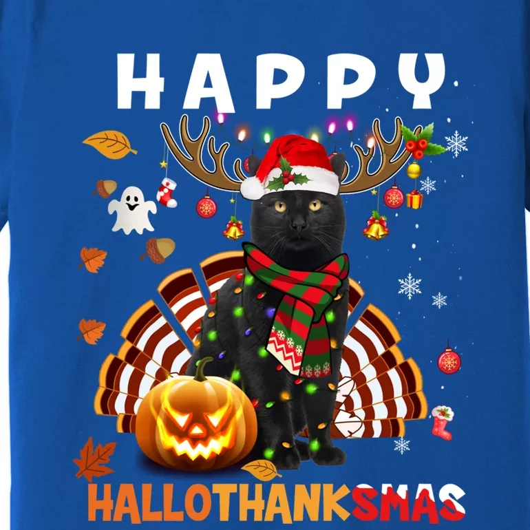 Funny Black Cat Halloween Christmas Cat Happy Hallothanksmas Gift Premium T-Shirt