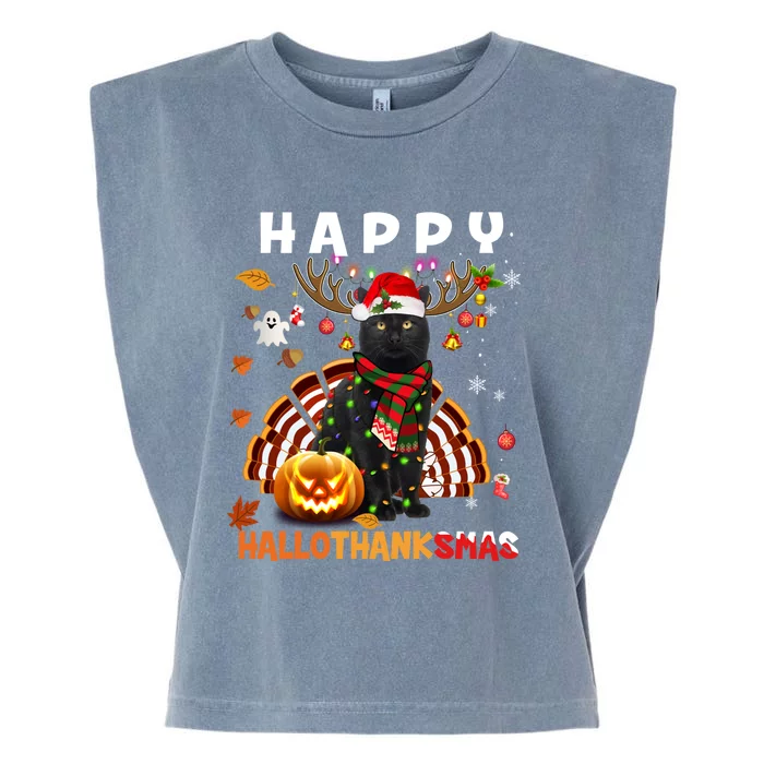 Funny Black Cat Halloween Christmas Cat Happy Hallothanksmas Gift Garment-Dyed Women's Muscle Tee