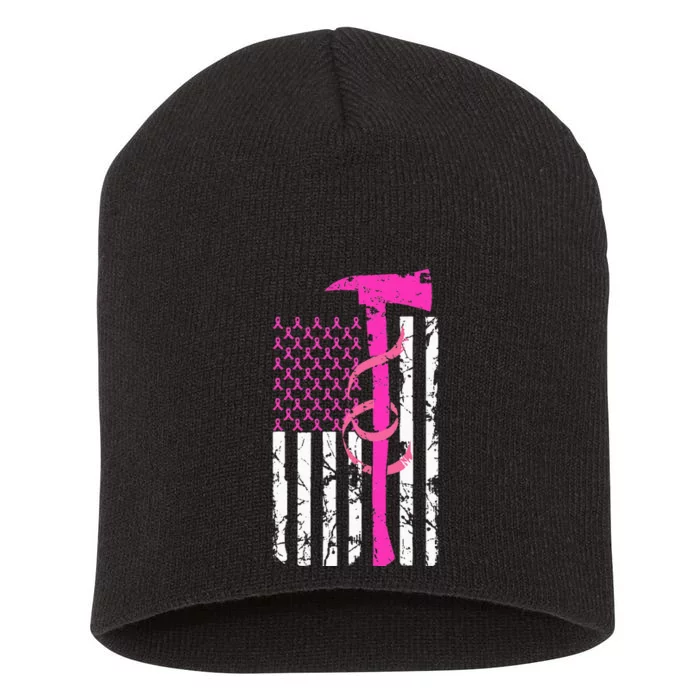 Firefighter Breast Cancer Awareness USA Flag Pink Ribbon Short Acrylic Beanie