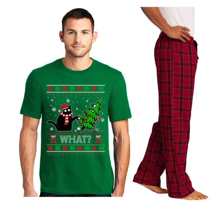 Funny Black Cat What? Pushing Christmas Tree Ugly Gift Pajama Set