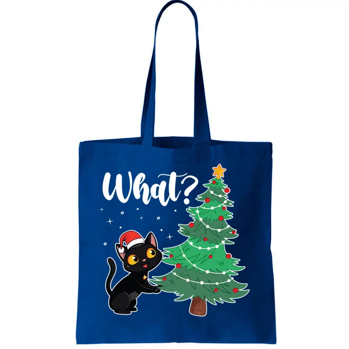 Funny Black Cat Gift Pushing Christmas Tree Over Cat What? Gift Tote Bag