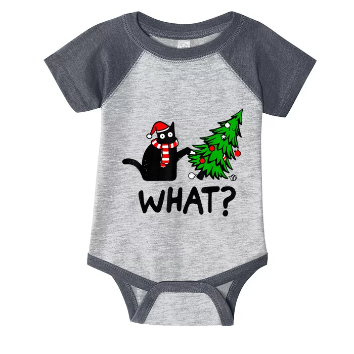 Funny Black Cat Gift Pushing Christmas Tree Over Cat What? Infant Baby Jersey Bodysuit