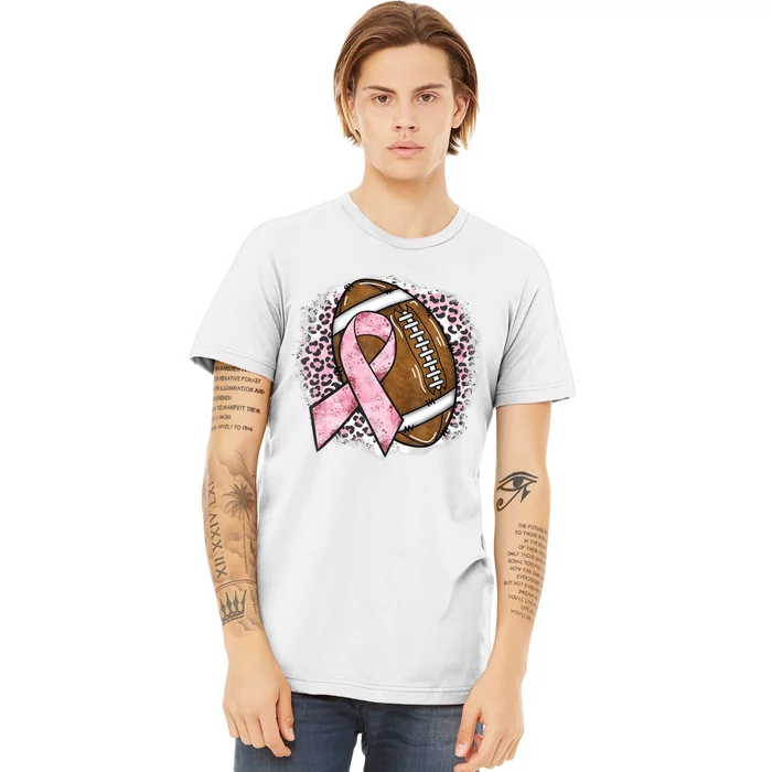 Football Breast Cancer Awareness Pink Ribbon Leopard Premium T-Shirt