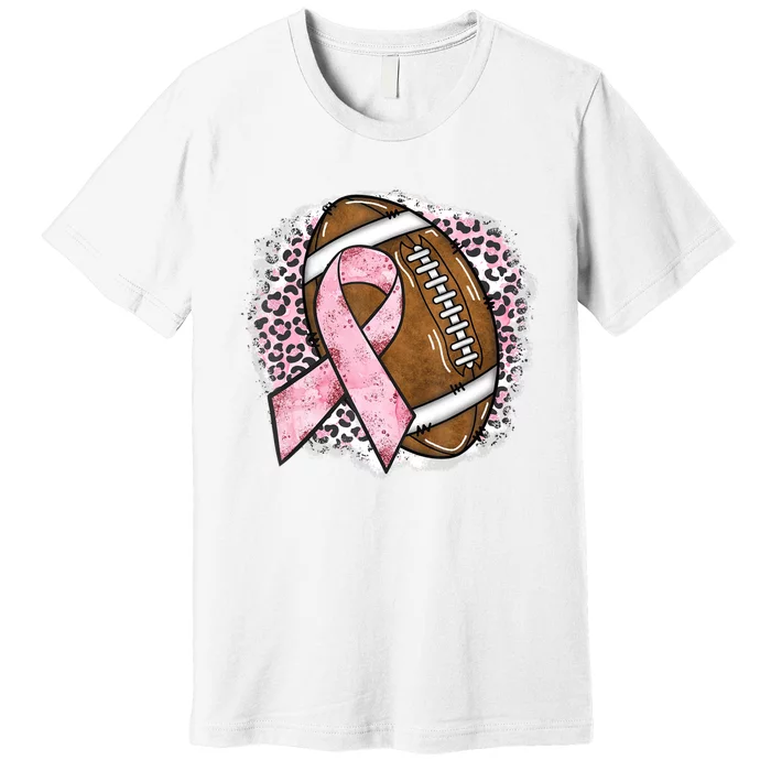 Football Breast Cancer Awareness Pink Ribbon Leopard Premium T-Shirt