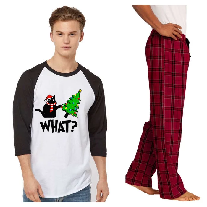 Funny Black Cat Gift Pushing Christmas Tree Over Cat What Raglan Sleeve Pajama Set