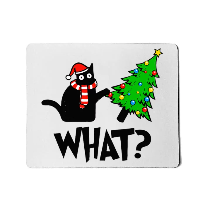 Funny Black Cat Gift Pushing Christmas Tree Over Cat What Mousepad