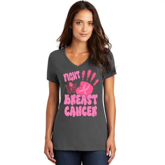 Fight Breast Cancer Handprint Ribbon Women's V-Neck T-Shirt