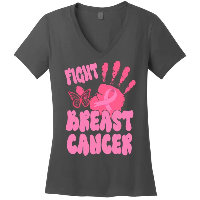 Fight Breast Cancer Handprint Ribbon Women's V-Neck T-Shirt