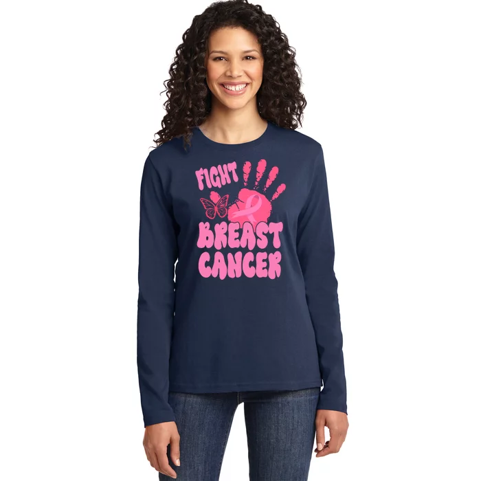 Fight Breast Cancer Handprint Ribbon Ladies Long Sleeve Shirt