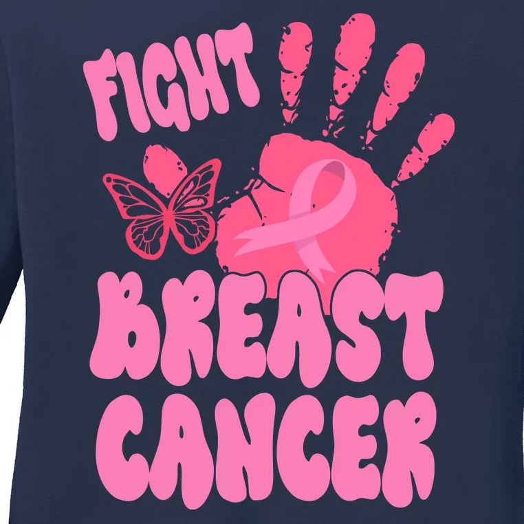 Fight Breast Cancer Handprint Ribbon Ladies Long Sleeve Shirt