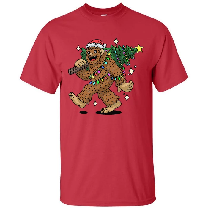 Funny Bigfoot Carrying Christmas Tree Holiday Sasquatch Tall T-Shirt