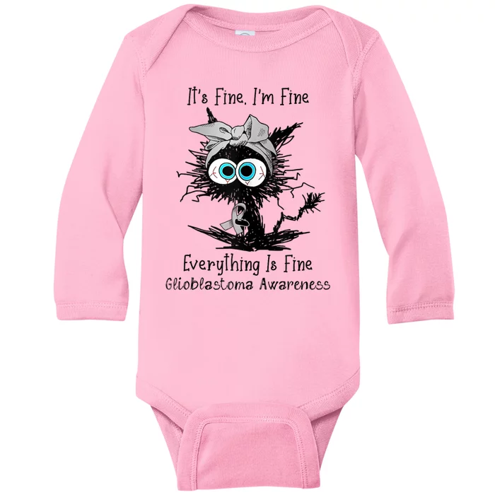 Funny Black Cat Its Fine IM Fine Glioblastoma Awareness Baby Long Sleeve Bodysuit