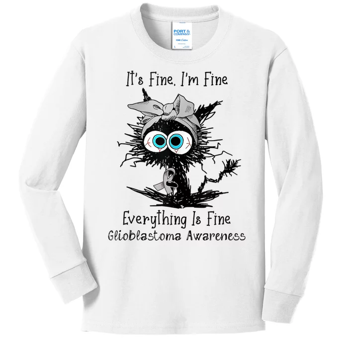 Funny Black Cat Its Fine IM Fine Glioblastoma Awareness Kids Long Sleeve Shirt