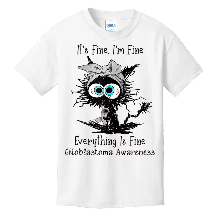 Funny Black Cat Its Fine IM Fine Glioblastoma Awareness Kids T-Shirt