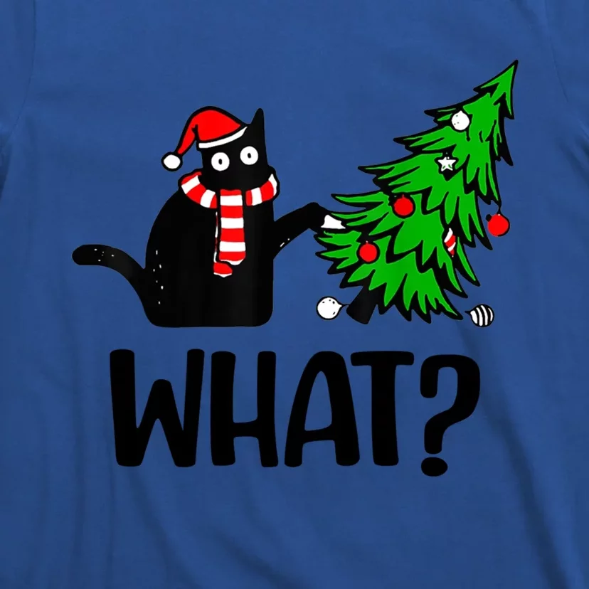 Funny Black Cat Gift Pushing Christmas Tree Over Cat What Cool Gift T-Shirt