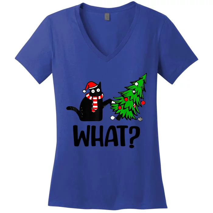 Funny Black Cat Gift Pushing Christmas Tree Over Cat What Cool Gift Women's V-Neck T-Shirt